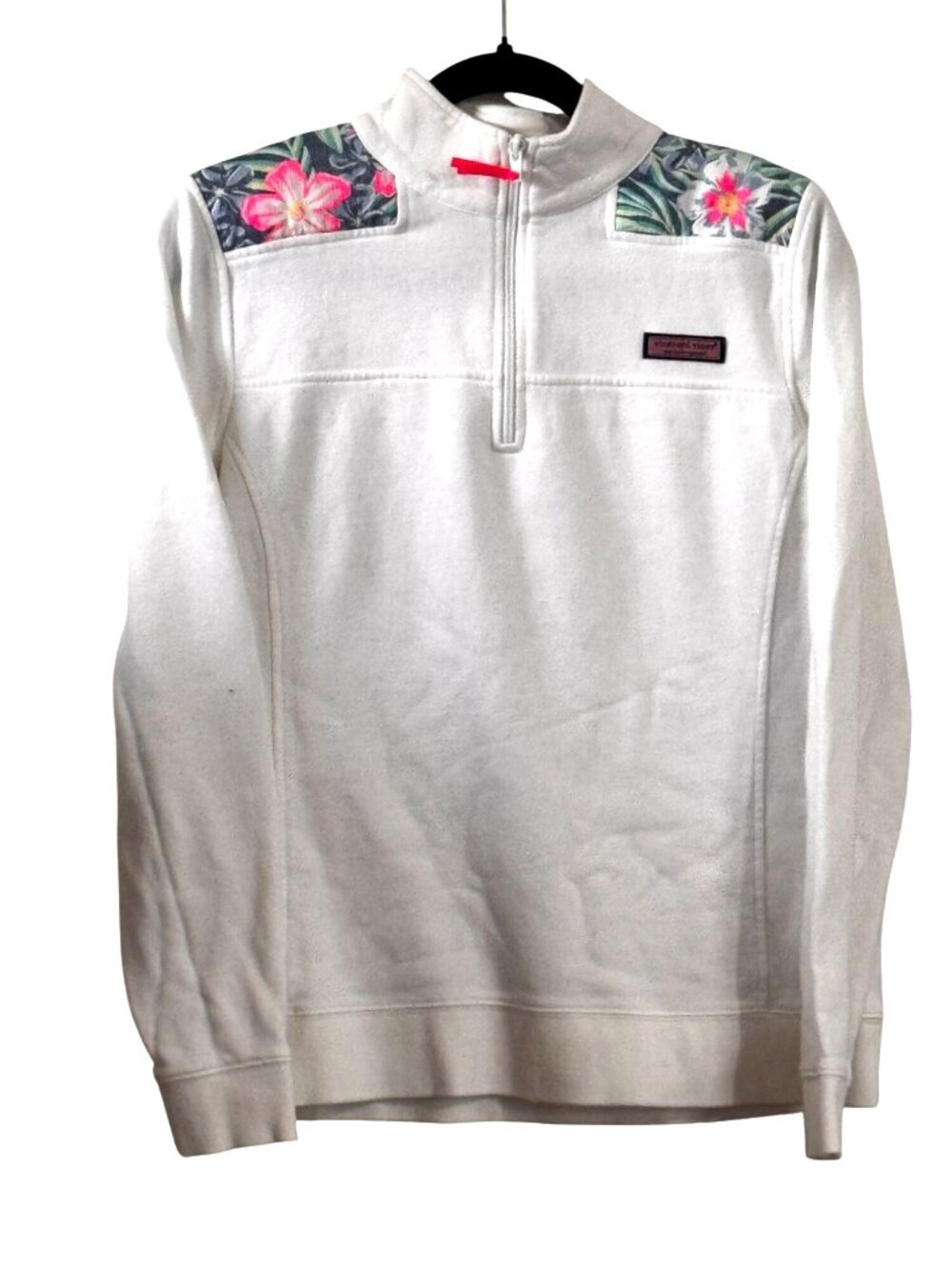 Vineyard Vines Womens M White 1/4 Zip Pullover With Floral Yoke Design 100% Cott - Picture 1 of 7